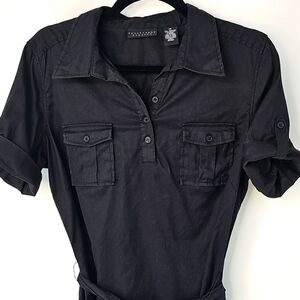 Apostrophe Black Linen Blend Stretchy 3-Button Shirt Dress Pockets & Side Slits